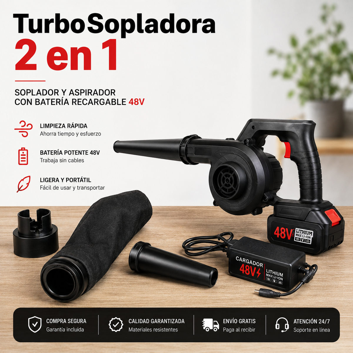 TurboSopladora 2 en 1 – Soplador y Aspirador con Batería Recargable de Ragalo